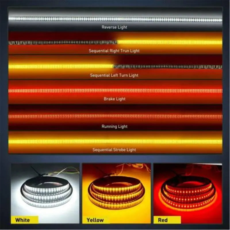 Three rows of LED lights showing white, yellow, and red illumination for a truck tail light bar