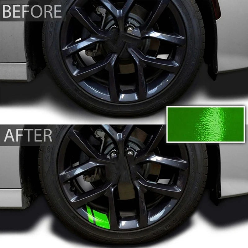 Comparación antes y después de decalcomanías en el cubo de rueda reflectivo para automóvil.