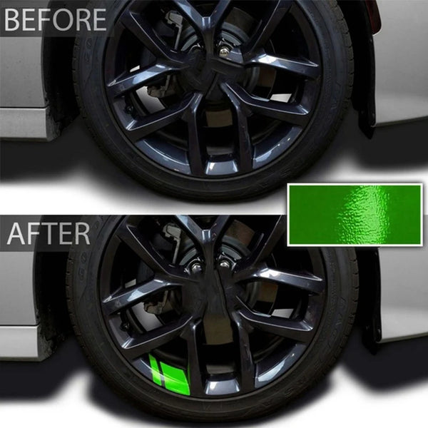 Before and after comparison of reflective wheel hub decals on an automotive wheel.