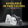 Two motorcycle signal light mount brackets shown in white and black against a dark background.