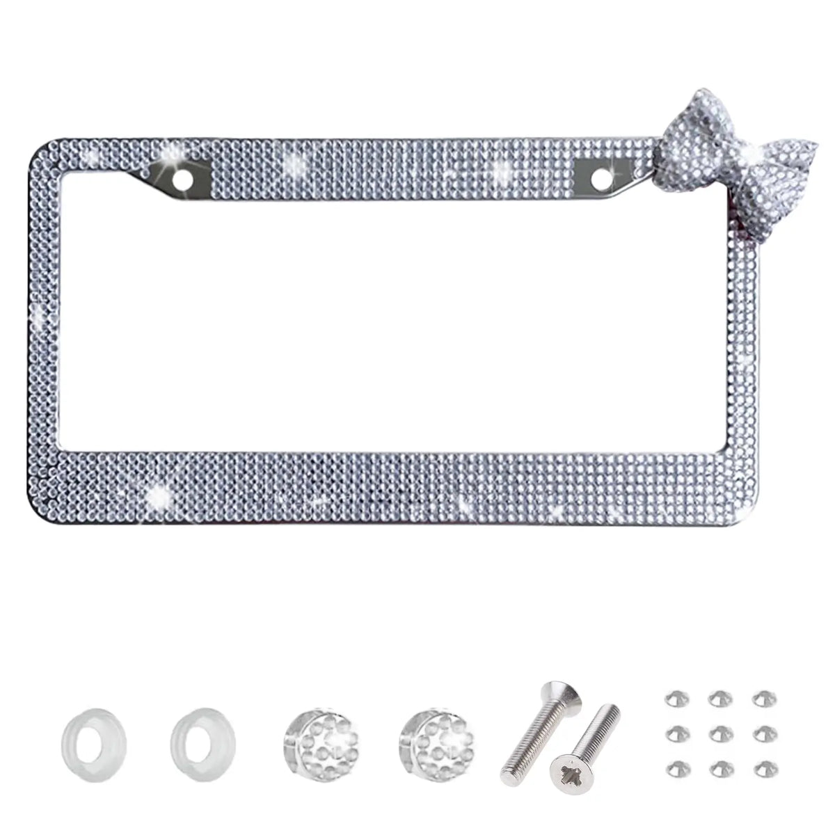 Silver decorative license plate frame with a bow accent and mounting hardware.