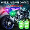 A motorcycle is shown with flashing neon lights, demonstrating a wireless remote control feature.