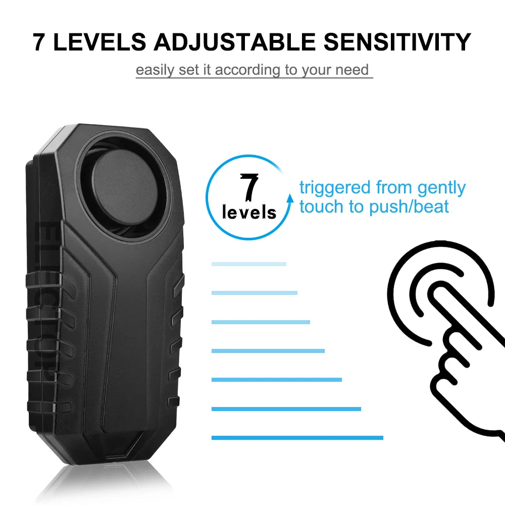 Black adjustable sensitivity sensor device with seven levels for triggering from touch to push/beat