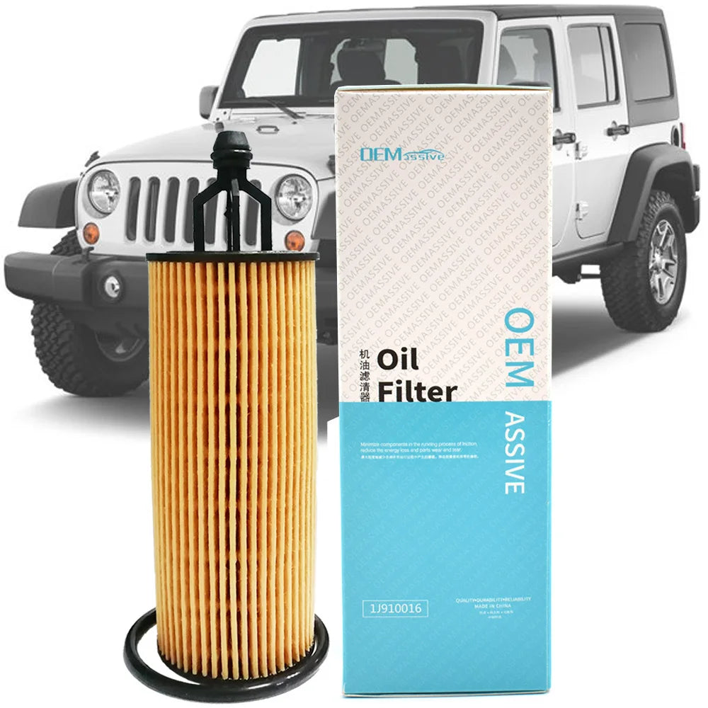 OEM quality oil filter packaged in a box shown next to a Jeep vehicle.