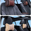 Two versions of an ergonomic leather headrest and neck support cushion in mocha brown and beige colors shown in a car seat in