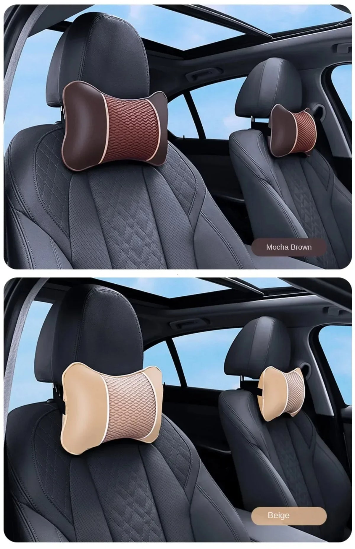 Two versions of an ergonomic leather headrest and neck support cushion in mocha brown and beige colors shown in a car seat in