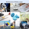 Various cleaning tools and products used for car windshields, including brushes, sponges, and tablets.
