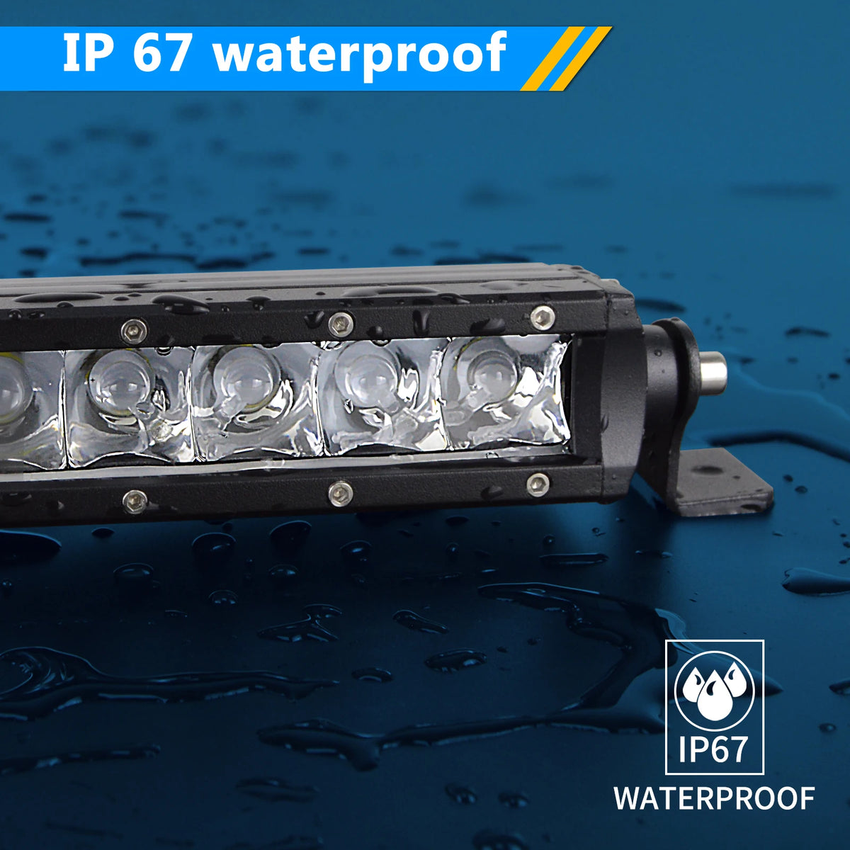 A black LED light bar with multiple clear lenses is shown on a wet surface, labeled as IP67 waterproof.