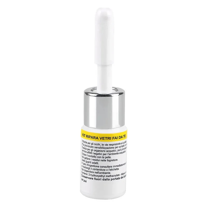A silver glass bottle containing an automotive windshield crack repair kit with a white cap.