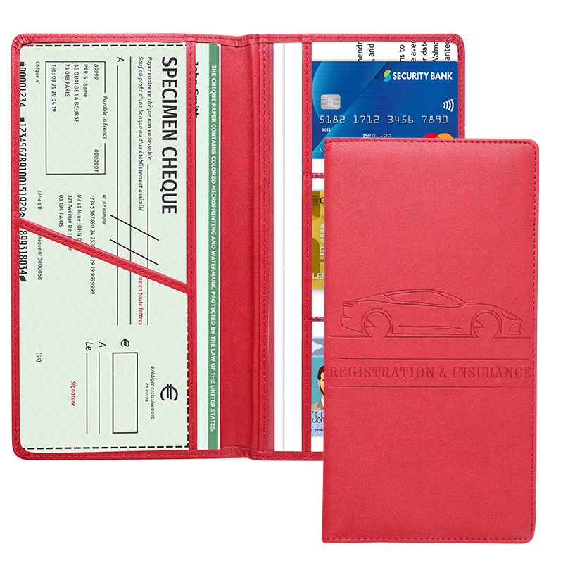 Rotes Leder-Kartenetui mit klarem Plastikhülle, das ein Scheckformular und Bankdetails zeigt.