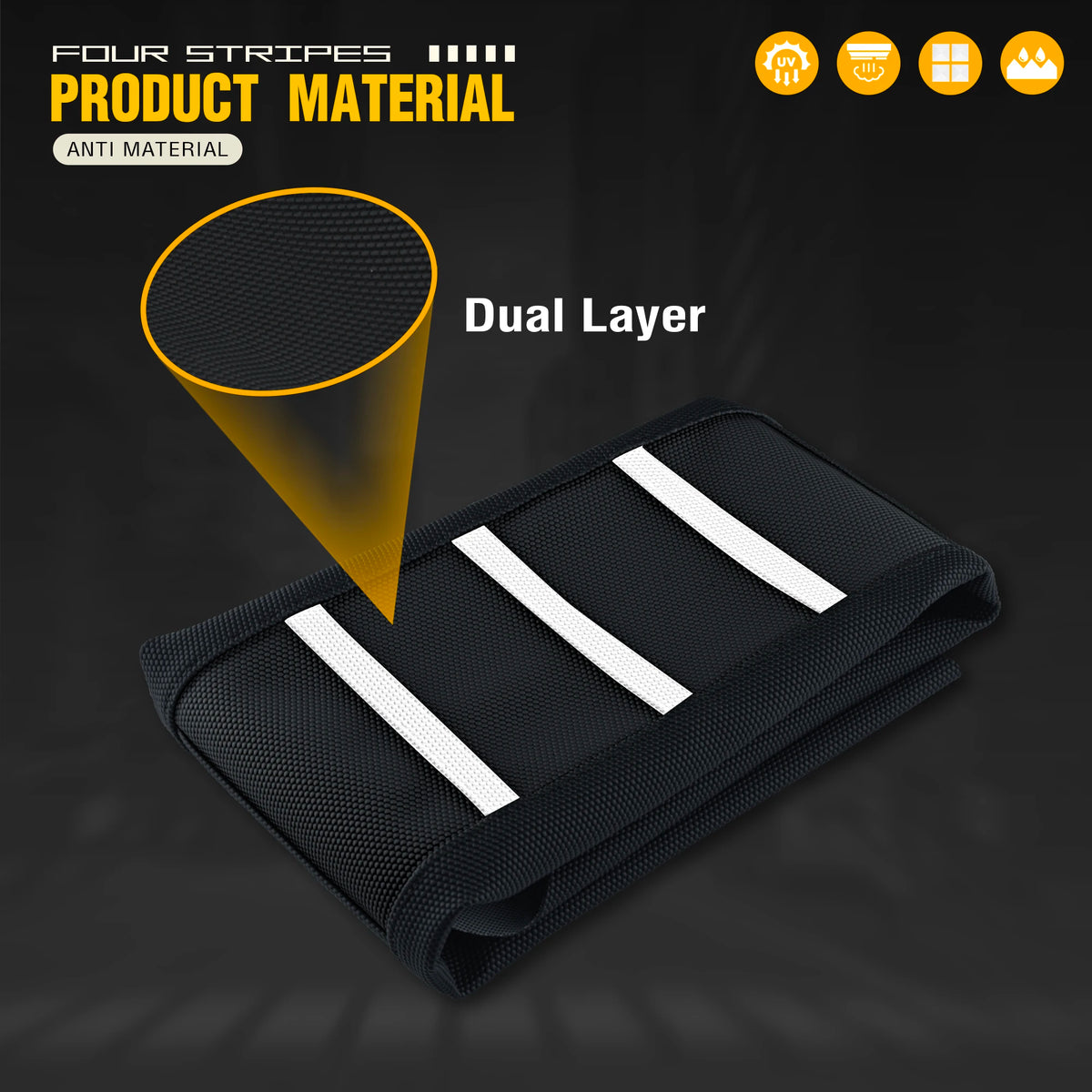Black anti-material dual layer four stripes product material seat cover for a motorcycle.