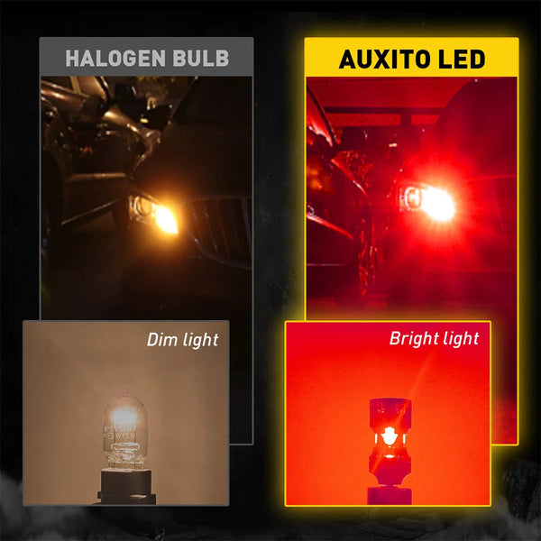 Vergleich von Halogen-Glühbirne, schwacher und heller LED-Version für Fahrzeugscheinwerfer.