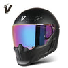 Casco de motocicleta negro con cara completa y visor iridiscente reflectante