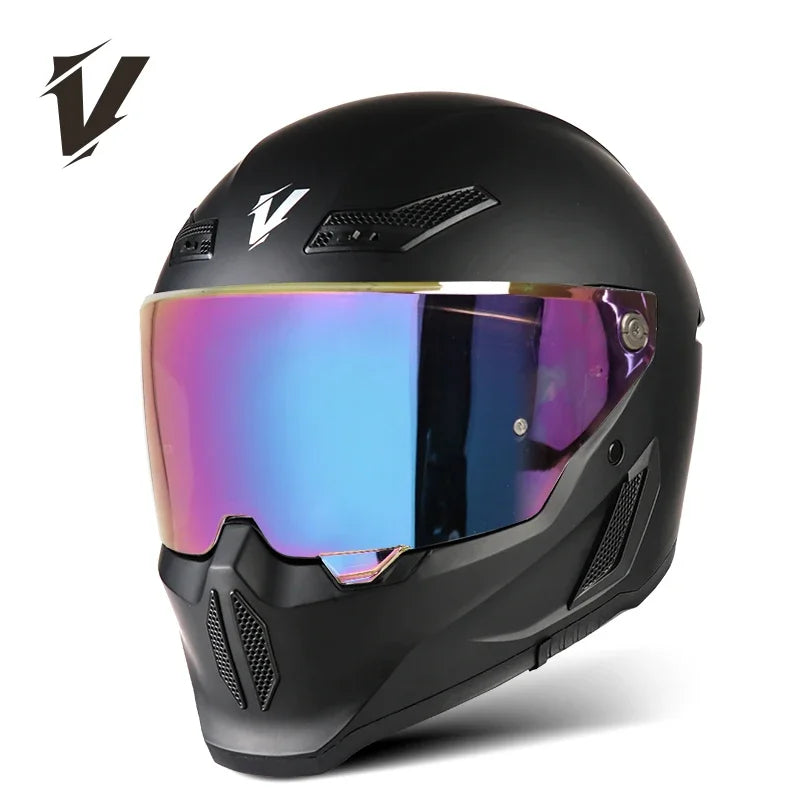 Casco de motocicleta negro con cara completa y visor iridiscente reflectante