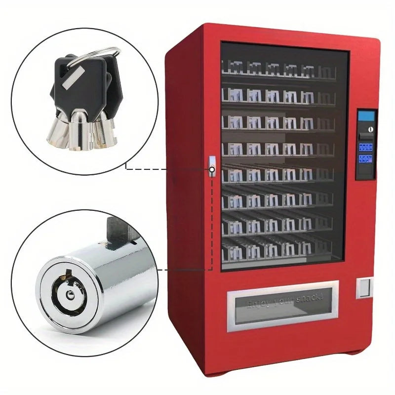 A red universal vending machine security lock set with a glass display and a metal lock shown alongside its components.