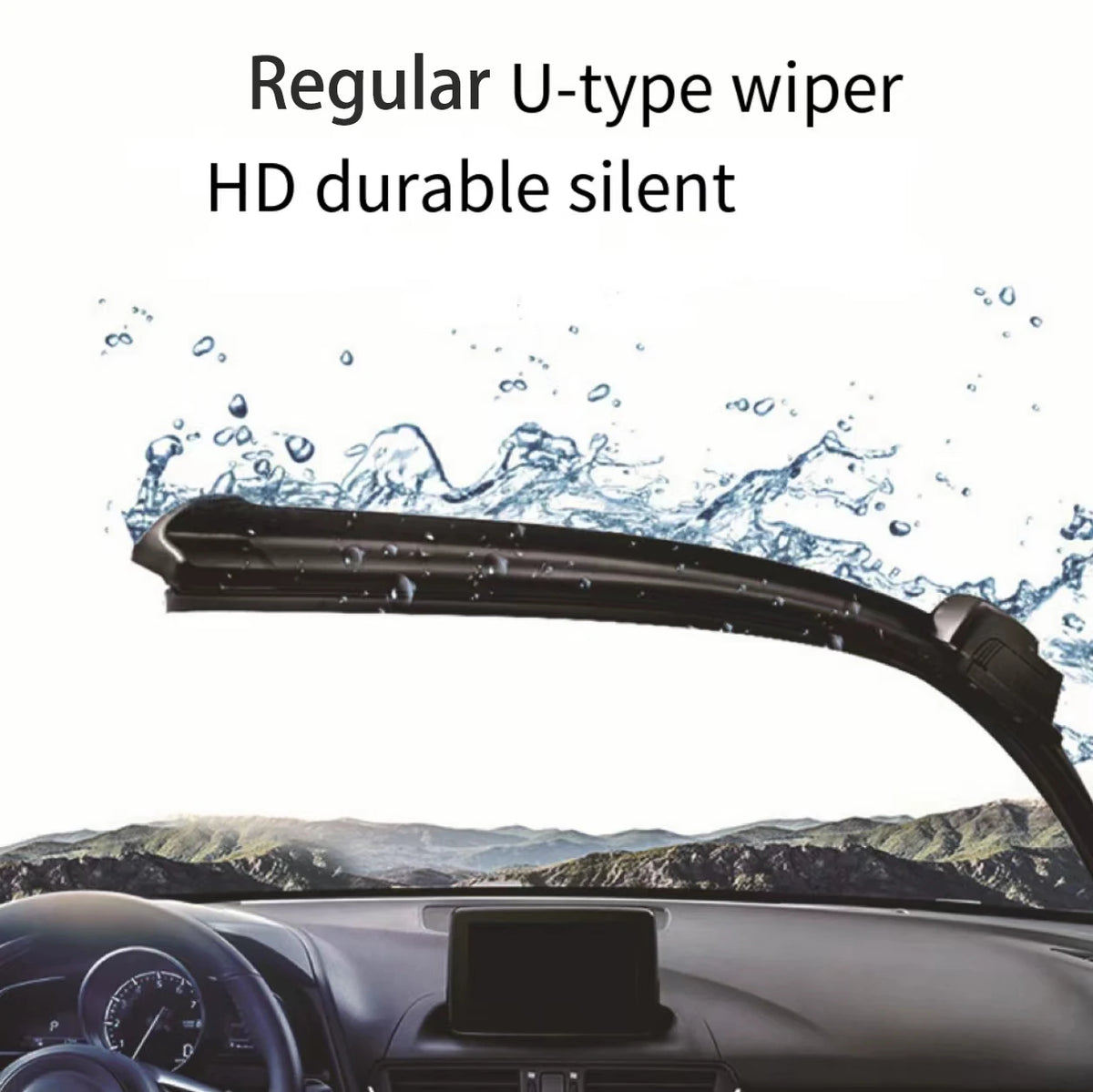 A close-up view of a regular U-type wiper blade mounted on a car windshield.