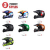 Exposition de sept styles différents de casques de moto tout-terrain pour le visage complet, étiquetés Type A à G.