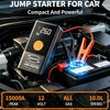 A portable 12V air compression jump starter device is shown connected to a car engine component.