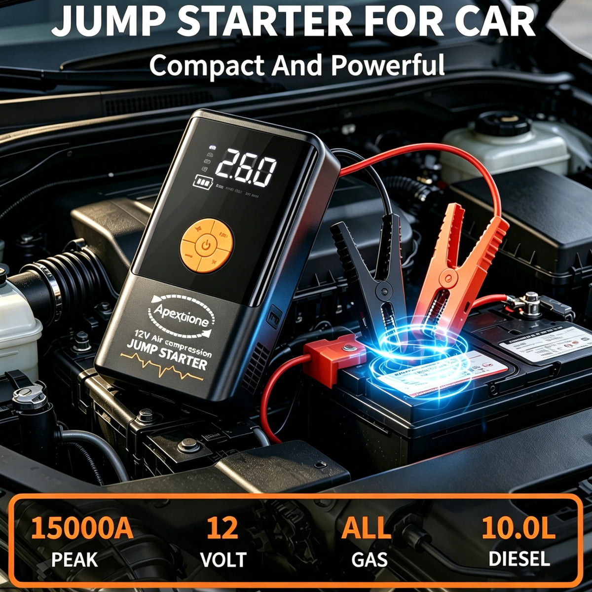 A portable 12V air compression jump starter device is shown connected to a car engine component.