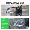 Before and after comparison showing a carbon fiber rearview mirror rain guard protecting the mirror from water droplets.