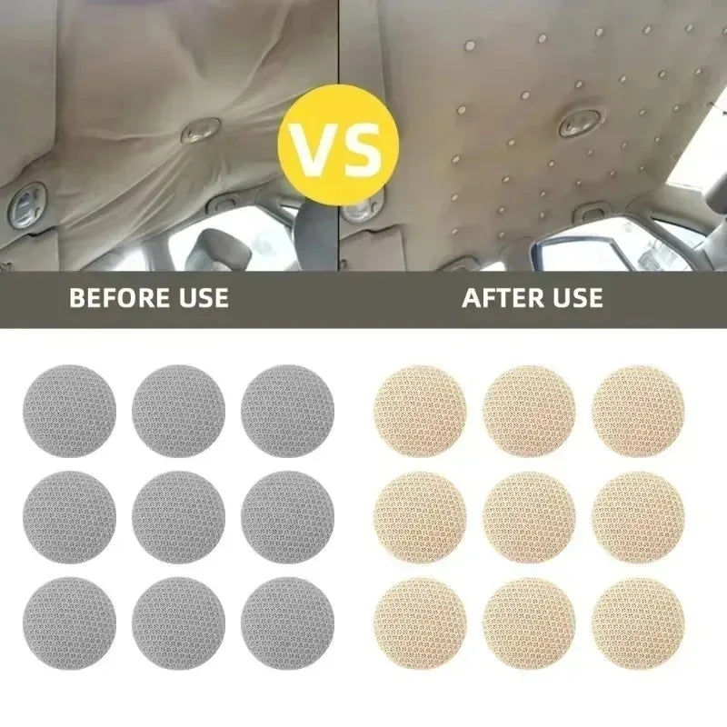 Comparison showing car headliner before and after use with anti-rust repair buckles