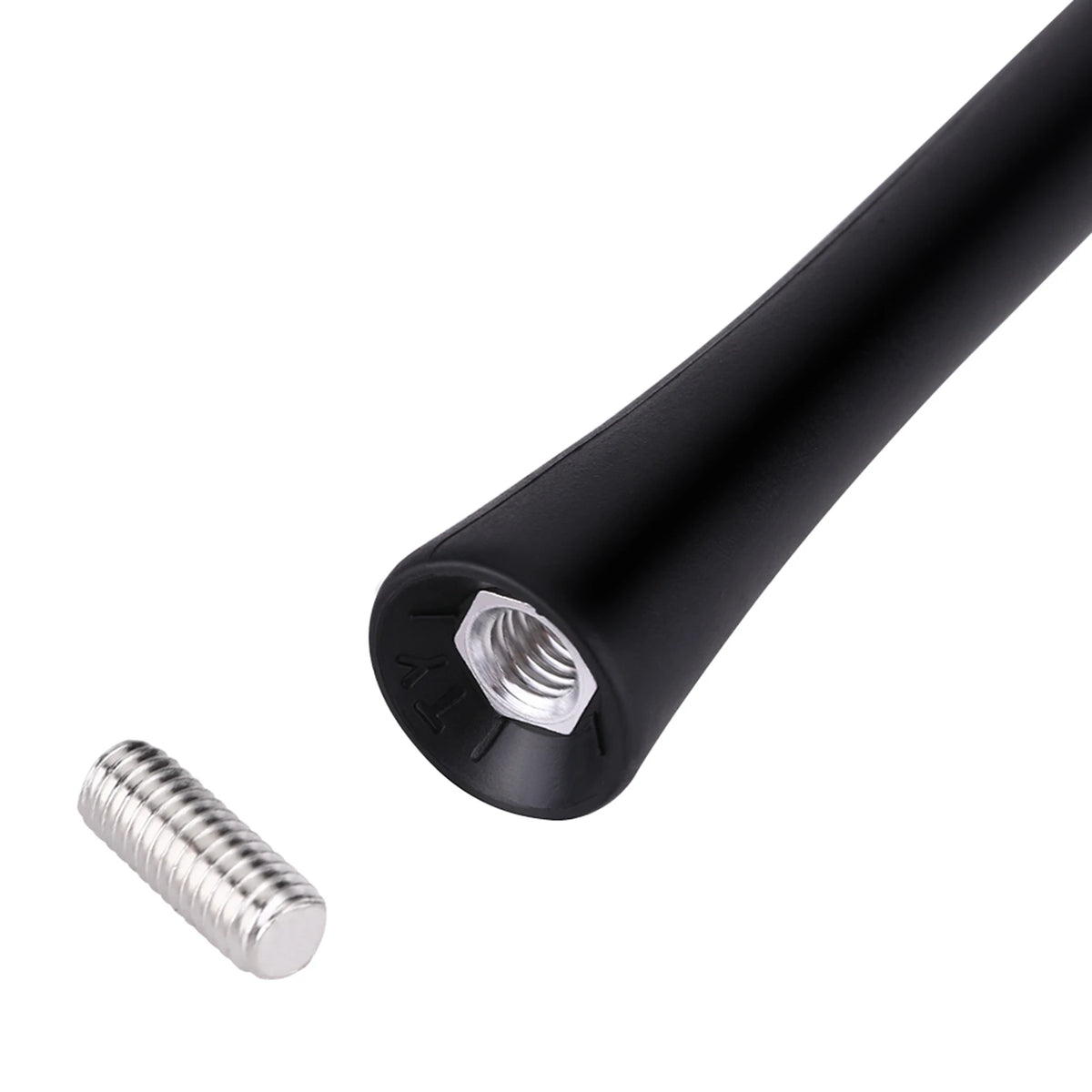 A close-up view of a black universal car radio antenna with a threaded connector tip.