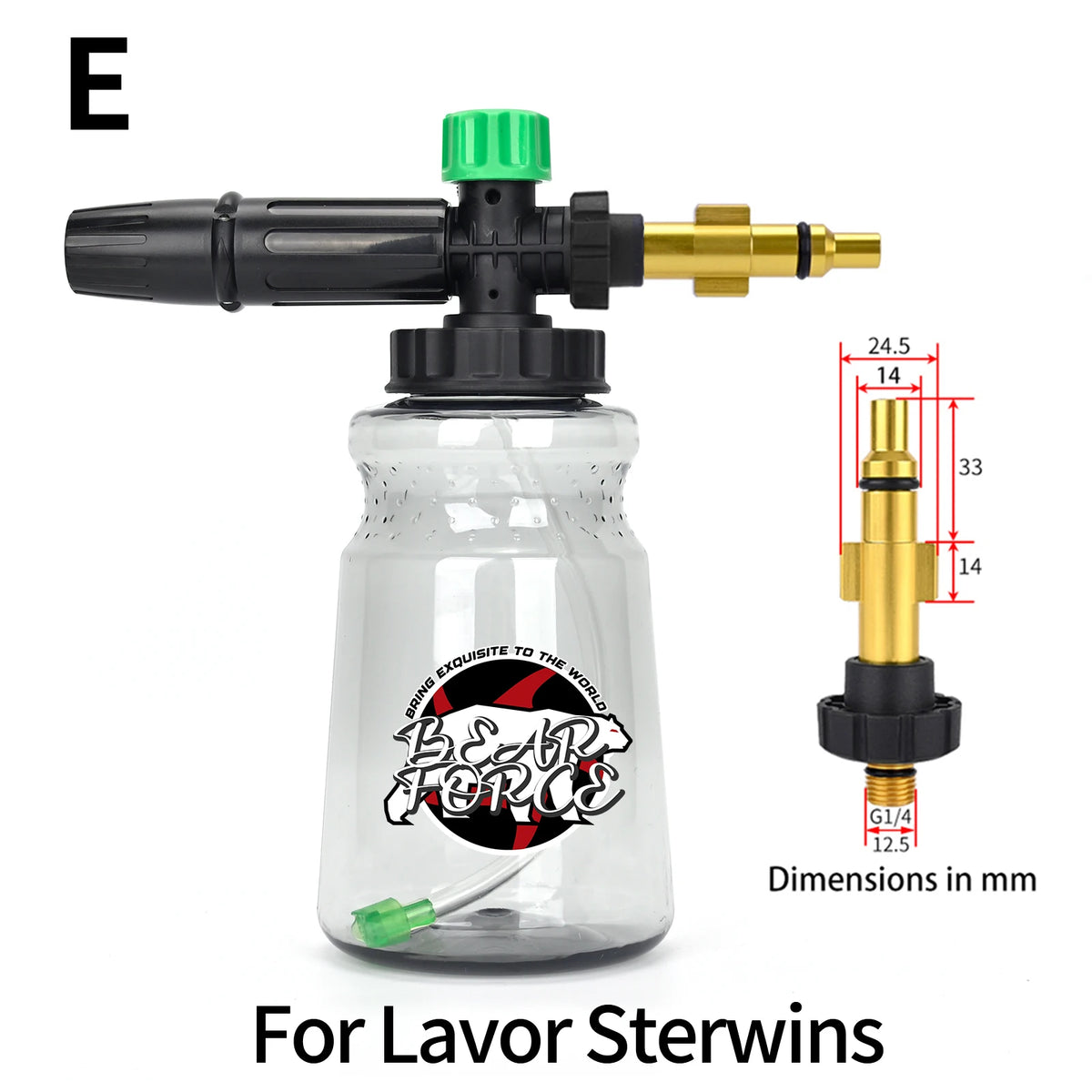 A clear glass bottle with a black foam lance assembly and brass fitting for laver stirwins