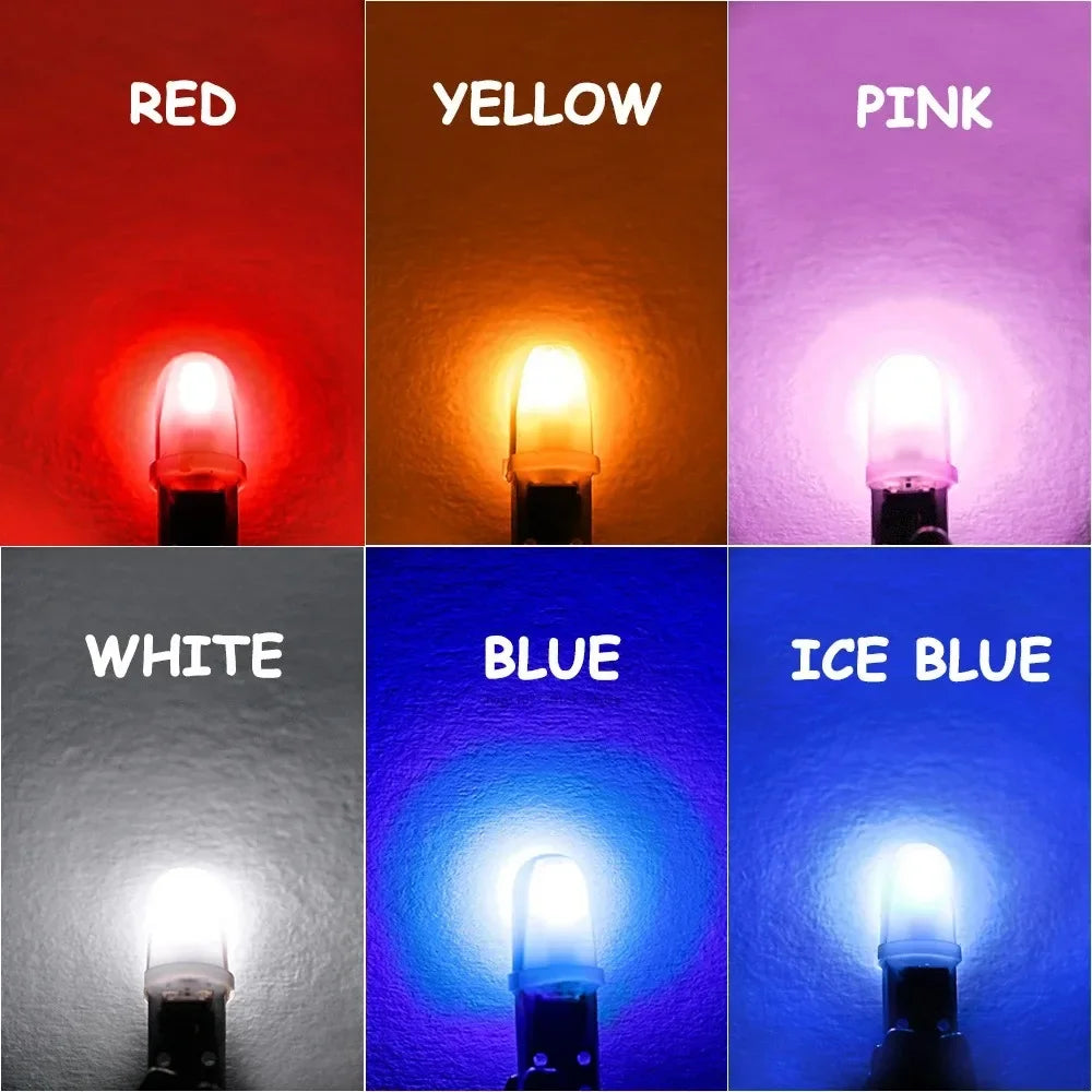 A set of T5 LED bulbs in various colors including red, yellow, pink, white, blue, and ice blue.