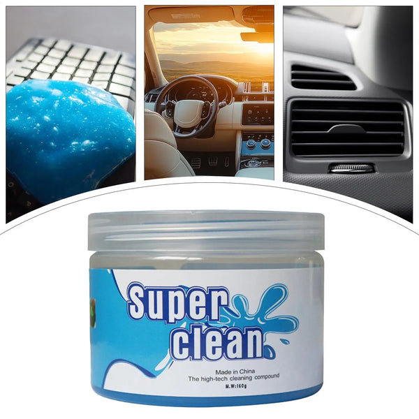 A jar of Super Clean cleaning compound with inset images showing car interior cleaning applications.