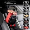 A hand is operating the opening and closing mechanism of a red car armrest cushion inside a vehicle seat.