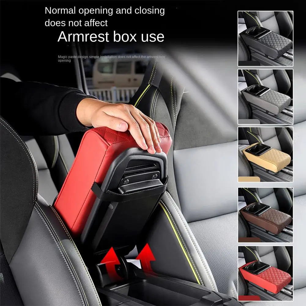 A hand is operating the opening and closing mechanism of a red car armrest cushion inside a vehicle seat.