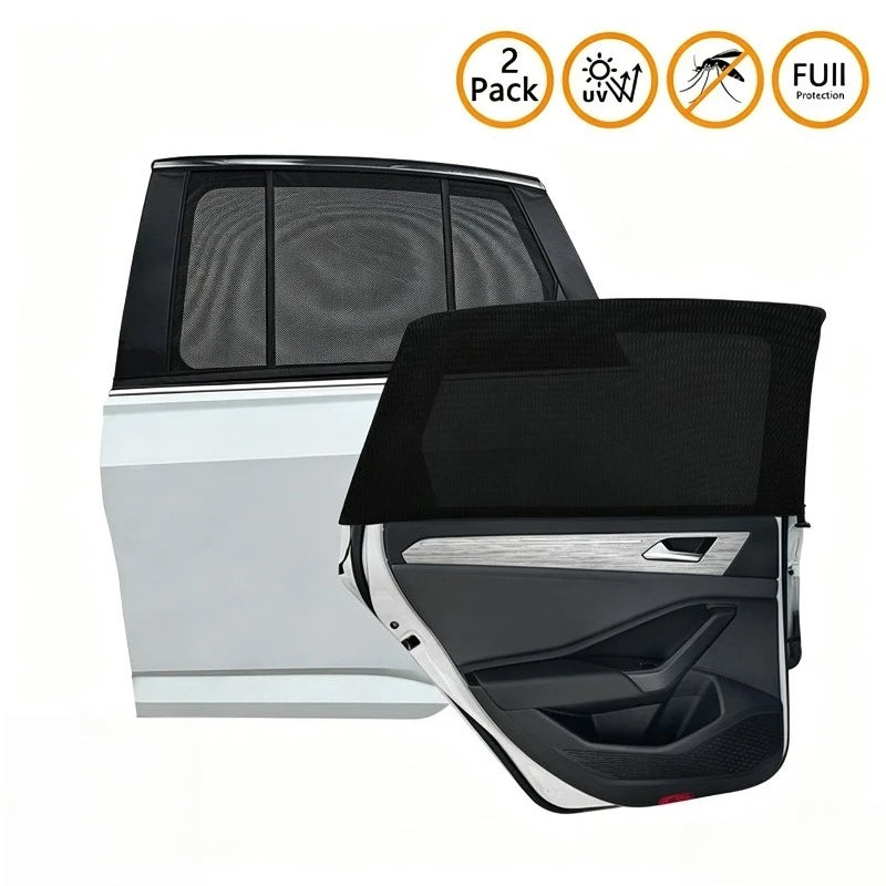A black car window mesh sun shade with a mosquito net is shown in an open position.