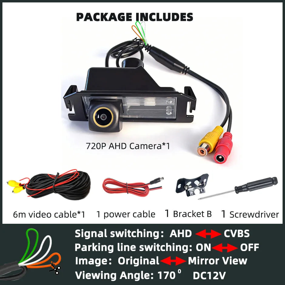 Package includes a 720P AHD camera, power cable, bracket, screwdriver, and various cables for a 170 degree HD backup camera.