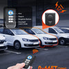 A hand holds a remote control for a wireless car anti-theft alarm system, demonstrating its 0-66FT remote control range.