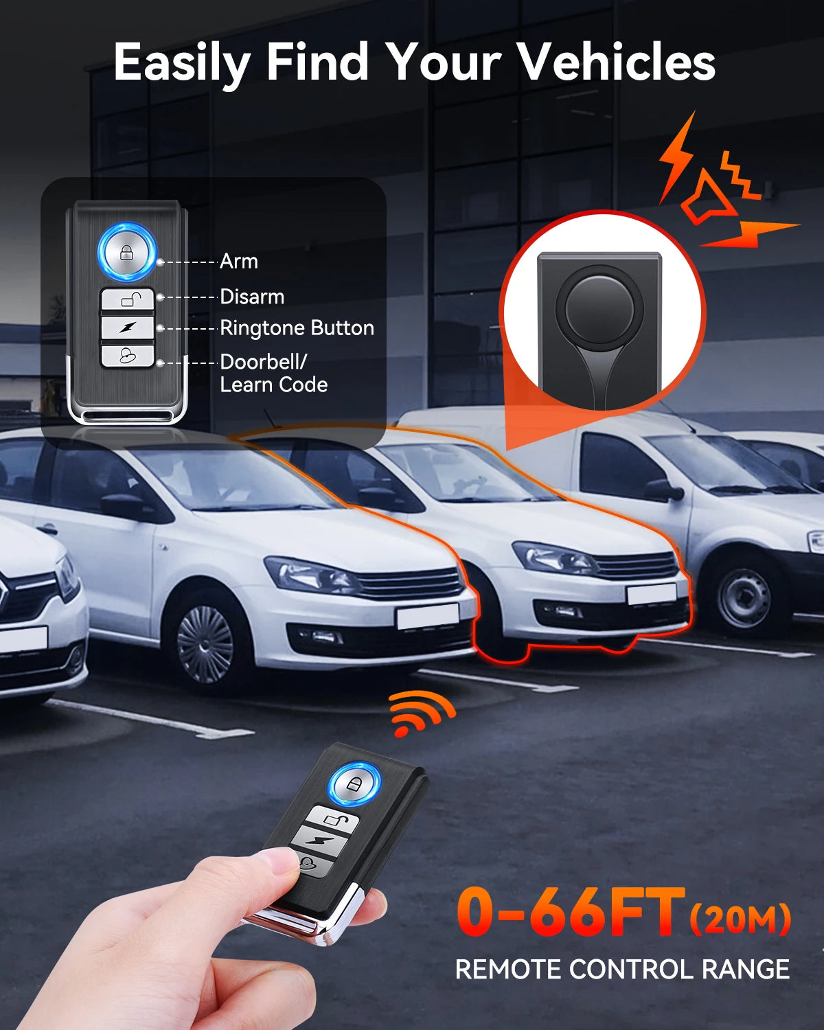 A hand holds a remote control for a wireless car anti-theft alarm system, demonstrating its 0-66FT remote control range.