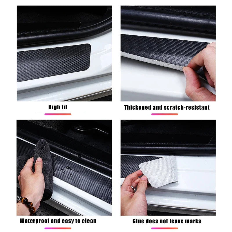 Calcomanías de fibra de carbono que protegen los umbrales y zócalos de las puertas del coche, mostrando ajuste, grosor, resis