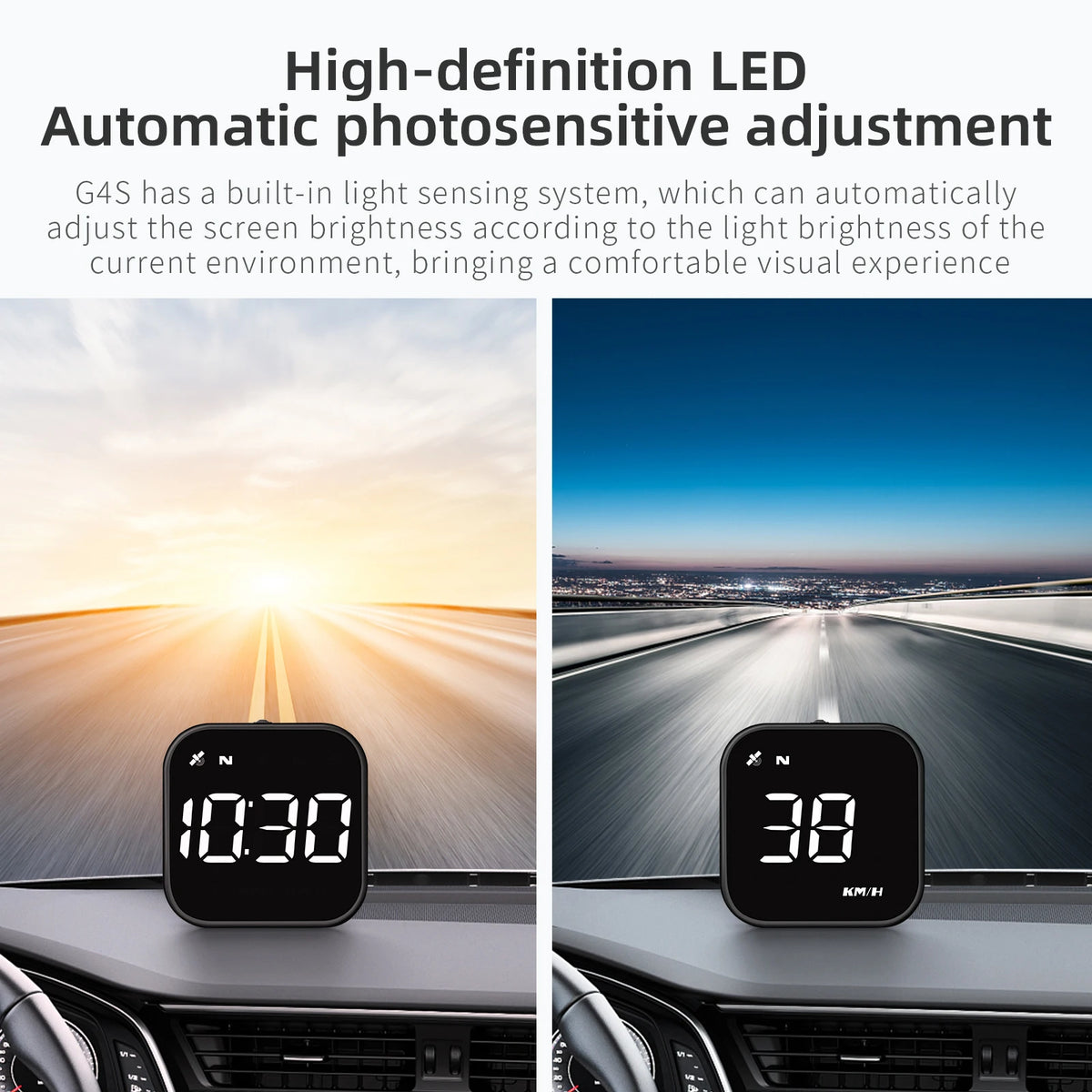A black GPS smart gauge head-up display is shown in a car's dashboard, displaying 10:30 and 38 km/h.