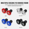 Multiple colored surface anodized motorcycle handle bar plugs with black fittings in red, silver, blue, and black.
