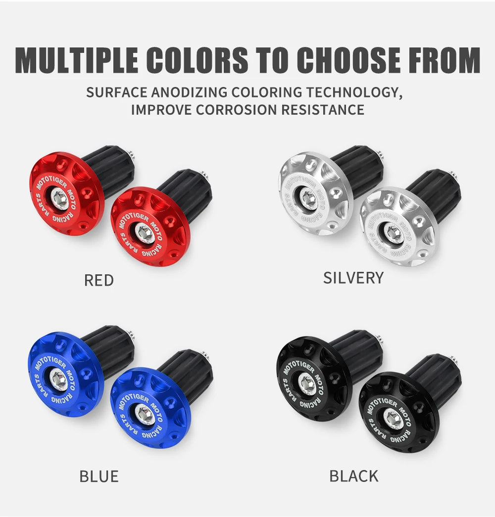 Multiple colored surface anodized motorcycle handle bar plugs with black fittings in red, silver, blue, and black.