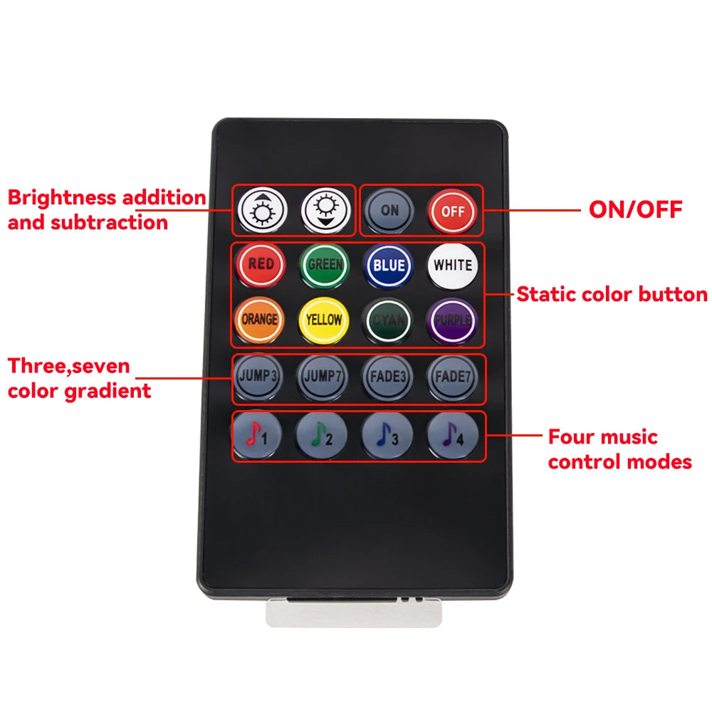 A black electronic device with various buttons for controlling RGB LED lighting modes and brightness.