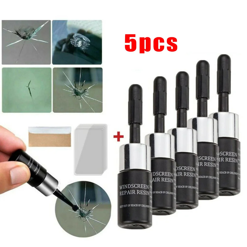 A set of five windshield repair kits for cracks, showing the tools and various crack types.