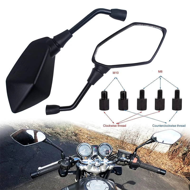 A black high-visibility motorcycle rearview mirror with an M10 mounting thread and a clockwise thread.