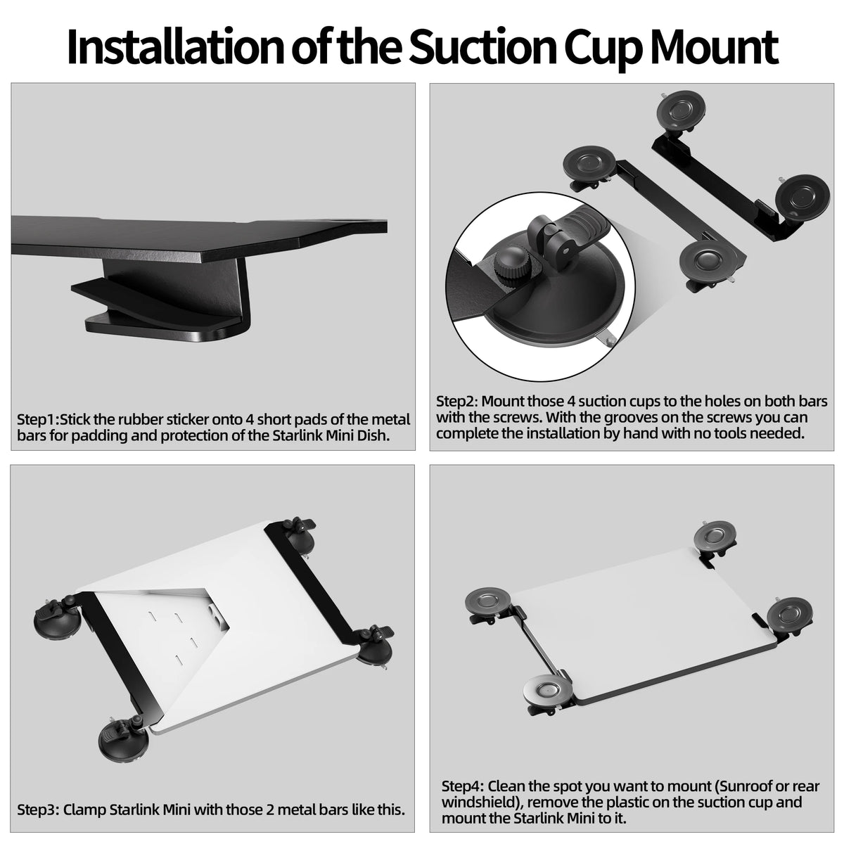 Installation steps showing how to mount a suction cup to a bar using metal bars for padding and protection.