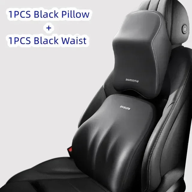 A black car headrest cushion and a black waist support are shown for neck and shoulder comfort.