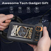 A hand holds a compact industrial endoscope camera with a flexible cable, demonstrating its features.
