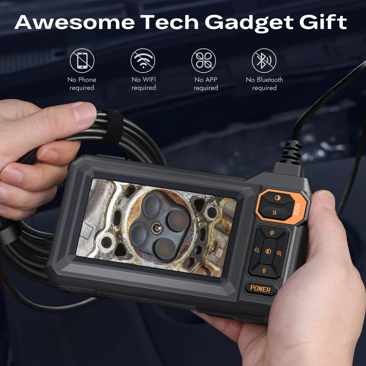 A hand holds a compact industrial endoscope camera with a flexible cable, demonstrating its features.