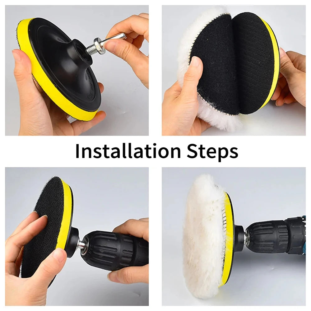 Installation steps showing a black and yellow wool buffing pad kit being used for car detailing.