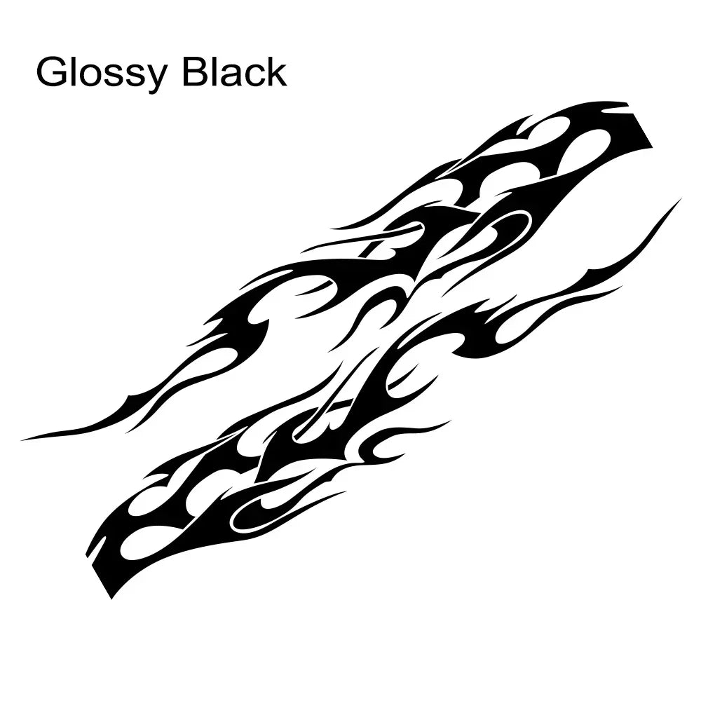 Glossy black flame racing stripe vinyl decals in a two-pack.