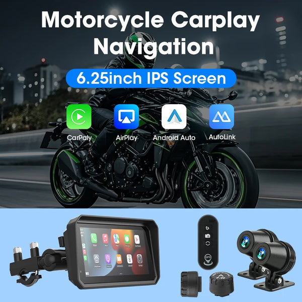 Pantalla de navegación GPS de motocicleta con pantalla IPS de 6.25 pulgadas y diversas opciones de conectividad.
