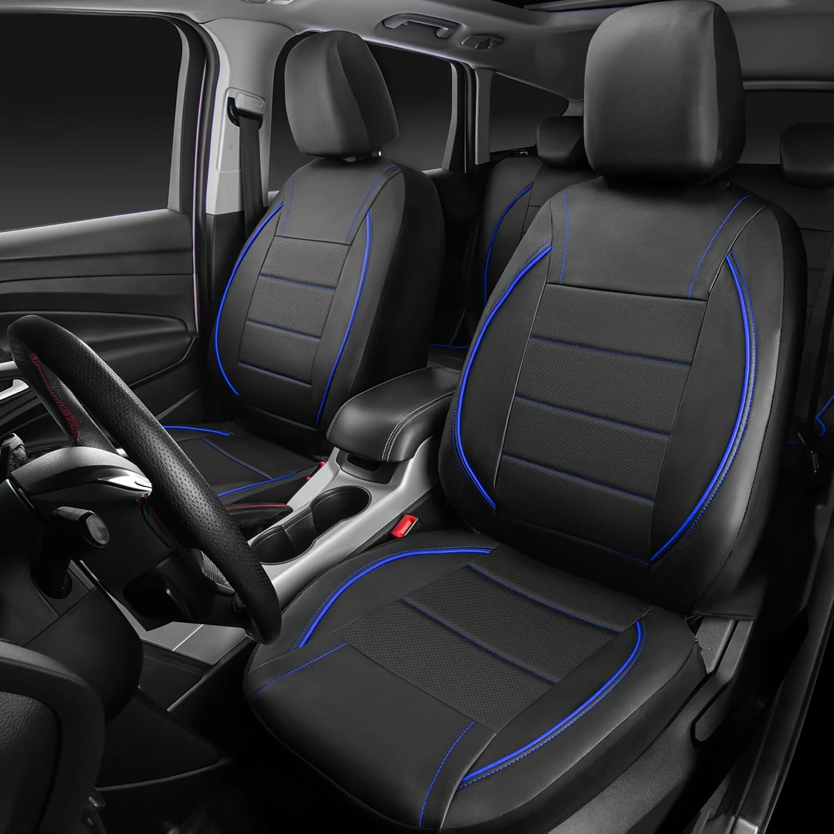 Black universal leather car seat covers installed in a vehicle interior.